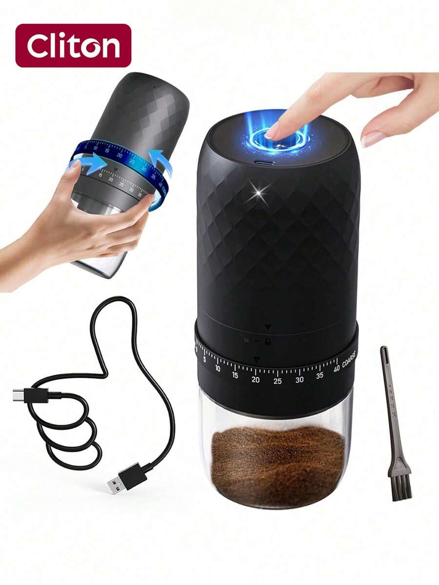 CLITON Portable Conical Burr Coffee Grinder, Small Cordless Electric Grinder, 40 Grind Settings, Rechargeable Coffee Bean Grinder For Espresso, Cold Brew, Pour Over, French Press, Home & Travel Use - Black