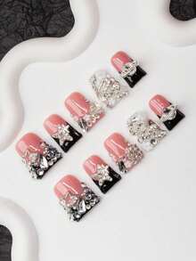 10Pcs Handmade Y2K-Style Duck Mouth Nail Tips, Nude & Black Colors With French Tip, Crystal, Snake, Flower, Planet, Star Elements, Suitable For Parties, Balls, Daily Wear, Unisex For Women & Girls, Comes With Accessories, Great Gift Press On Nails Nail Supplies Nails - 彩色 - 查看 8