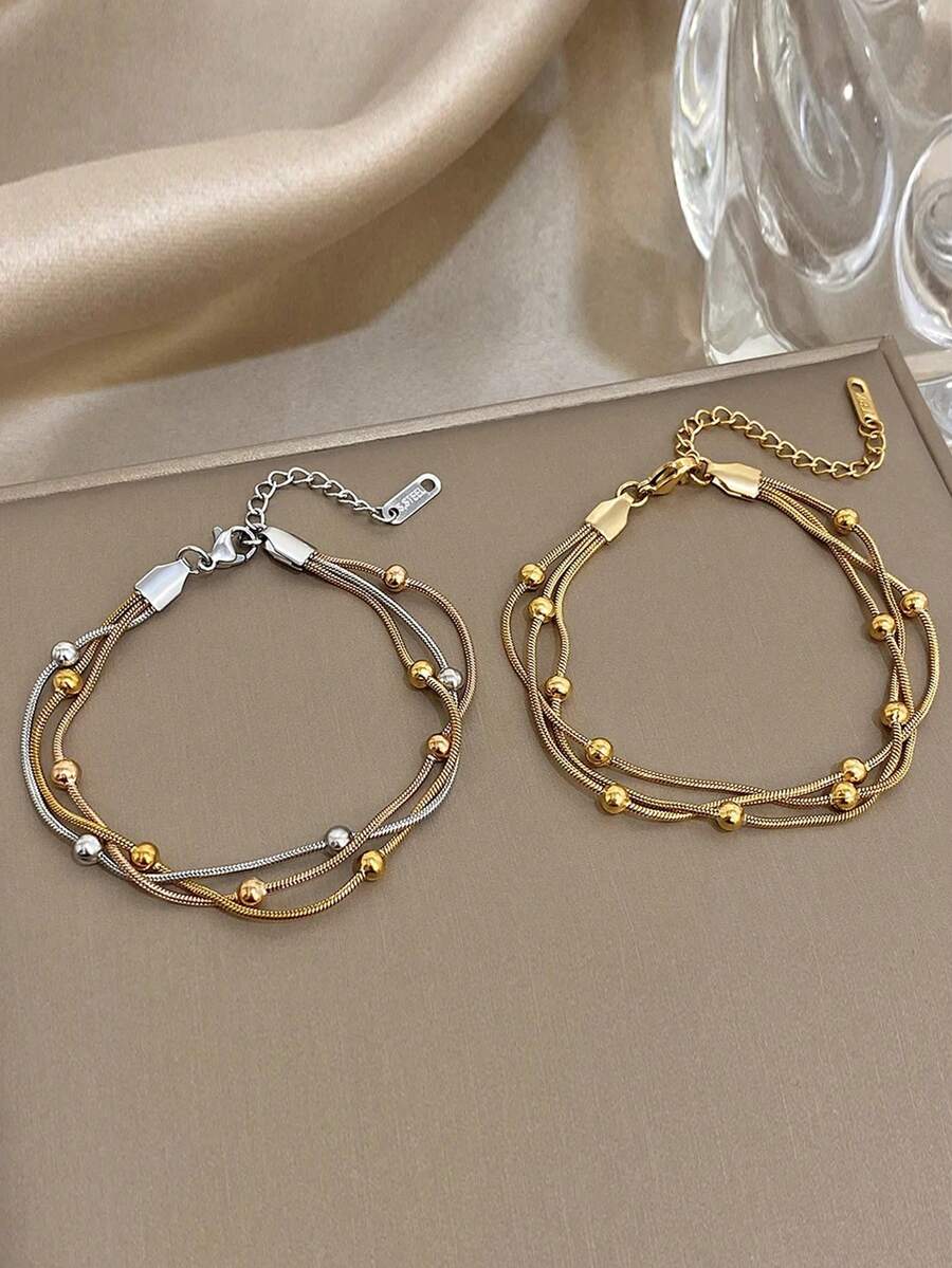 Stylish Gold Silver Color Stainless Steel Adjustable Bracelet For Women Elegant Multilayer Wrap Beaded Bracelets Party Jewelry - Multicolor - View 1