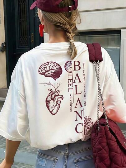 Damen Retro Ausgewogener Gehirn- & Herz-Muster Kurzarm T-Shirt, ästhetisches Psychologie Grafik Loose Casual Top, Rundhals Straßen-Stil für Sommerurlaub Weiß