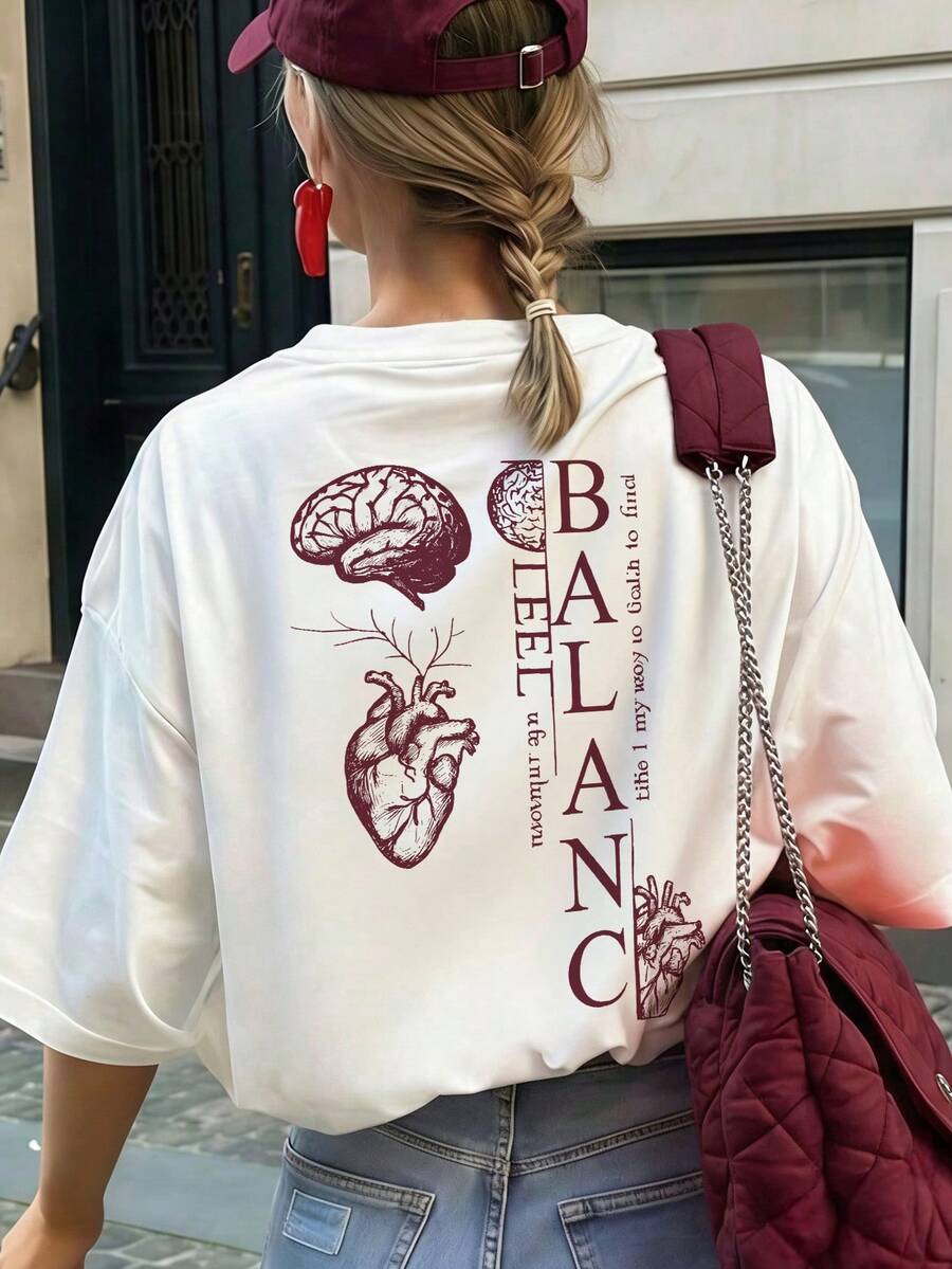Áo thun nữ tay ngắn in hình cân bằng não và tim theo phong cách retro, họa tiết tâm lý thẩm mỹ, cổ tròn, kiểu dáng đường phố, thích hợp cho kỳ nghỉ hè, màu trắng. - trắng - Xem 1