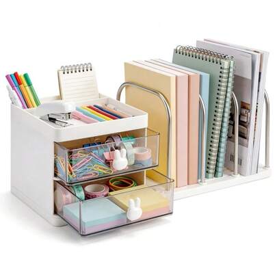 Desktop Organizer With Drawers White Plastic Bookshelf And File Sorter With Pen Holder 4 Metal Bookends Compact Desk Storage For Home Office Student Dorm Room Supplies