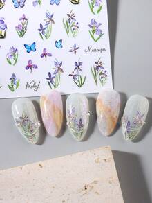 2片/套花朵美甲贴纸，鸢尾花瓣和蝴蝶图案滑动式美甲装饰，适合春夏DIY美甲 - 彩色 - 查看 3