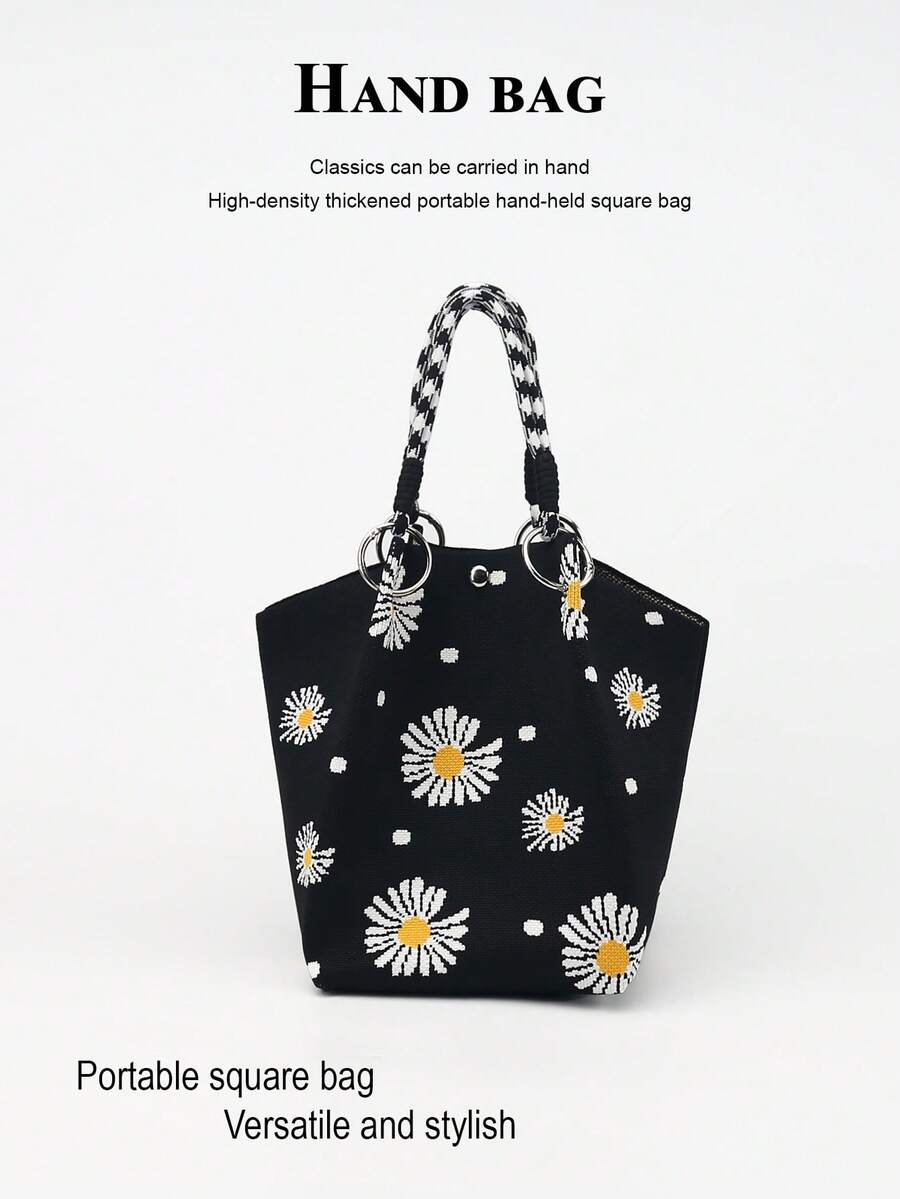 Cute Cartoon Multi-Color Knot Decor Large Capacity Bucket Bag, Handheld Tote, Elegant Multifunctional Travel Handbag - Black - View 1