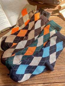5 pares de calcetines medianos ligeros para mujeres, estilo retro artístico, de patrones de diamante, clásicos y de moda, versátiles para uso diario, para primavera/otoño - Multicolor - Ver 10
