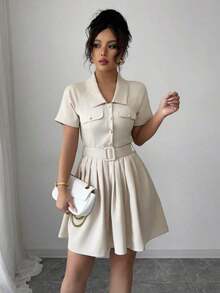 Vestido de trabajo/casual elegante y chic de estilo francés para mujer, de unicolor, manga corta, corte evasé con bolsillo plisado, decoración de botón metálico, cintura ceñida, para primavera/verano - Albaricoque - Ver 6