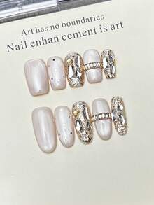 10 móng tay giả thủ công hình oval và vuông, móng acrylic dán, độ dài vừa phải, màu hồng nhạt, kiểu mắt mèo nổi bật, đính kim sa, chấm bi, bột nhũ, đá nhỏ, kim cương giả, kiểu móng mùa xuân cá tính, thanh lịch, đơn giản, móng dán mùa hè, thích hợp cho tiệc tùng, hàng ngày và hẹn hò, đi biển, nghỉ dưỡng nhiệt đới, tự làm móng nghệ thuật, thích hợp làm quà tặng cho phụ nữ và bé gái. - Hồng - Xem 4