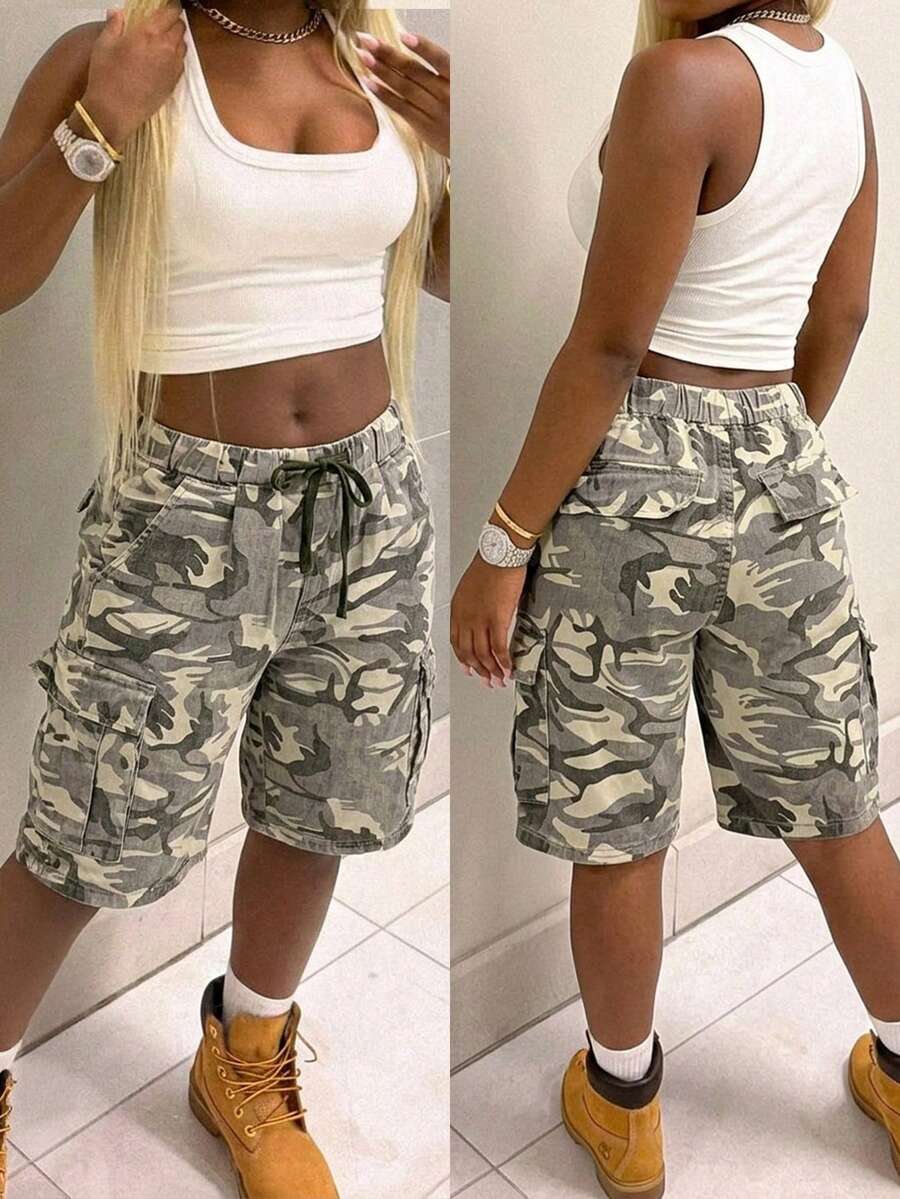 Women's Drawstring Elastic Waist Multi-Pocket Loose Straight Leg Cargo Denim Shorts Vacation Casual Summer - Camouflage Gray - View 1