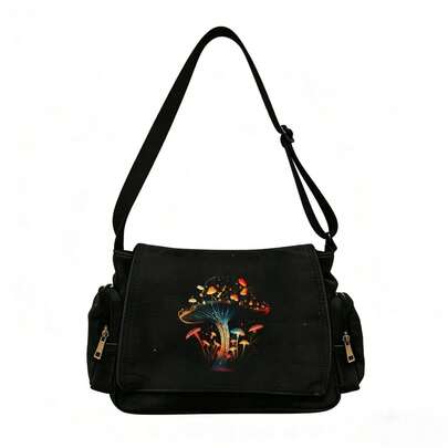 Túi đeo chéo bằng vải canvas in hình nấm phát sáng neon, kiểu dáng cổ điển, màu đen bạc màu.