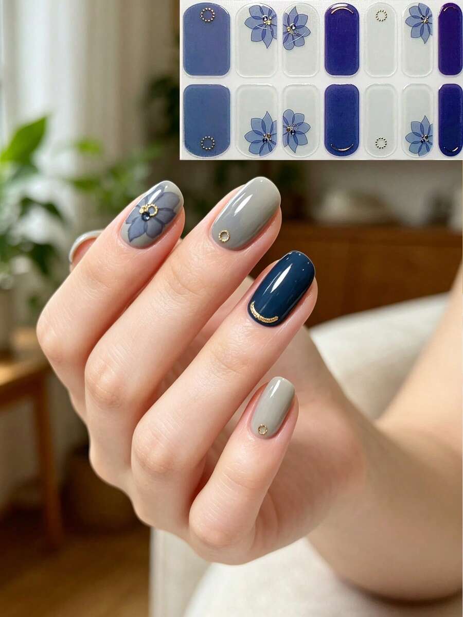New Blue Handpainted Floral Nail Stickers, 3D Rhinestone Effect Nail Art Decals, Botanical Theme Nail Stickers - Multicolor - View 1