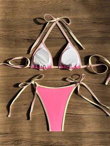 Traje de baño para mujer Swim Mod 2026 Primavera/Verano, con tirantes finos y cuello halter, en azul marino y amarillo en contraste, conjunto de bikini con lazo lateral para vacaciones. - Rosa - Ver 2