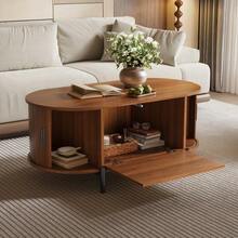 Oval Rattan Coffee Table With Sliding Doors, Wood-Look Finish, Metal Legs, Multifunctional Living Room Table With Storage Space - 卡其色 - 查看 9
