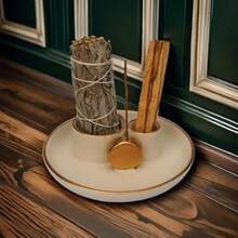 4 In 1 Incense Holder Ceramic Incense Stick And Palo Santo Holder Sage Holder For Burning- 4.25 Ceramic Ash Catcher Tray For Meditation And Yoga Room White Golden - White Golden - View 5
