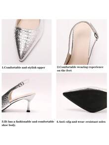7cm Black Pointed Toe Kitten Heel Sandals, Versatile Strappy High Heels For Women - Silver - View 8
