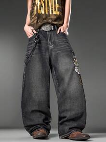 Pantalones vaqueros negros bordados para hombres de American Street, pantalones anchos y sueltos cómodos, uso casual para todas las estaciones (cinturón y accesorios no incluidos) - Negro - Ver 3