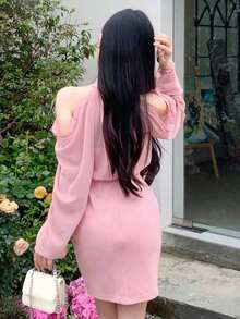 Vestido de verano de manga larga, ajustado, con cuello alto y hombros descubiertos de unicolor, ropa de otoño para damas - Blanco y Negro - Ver 10