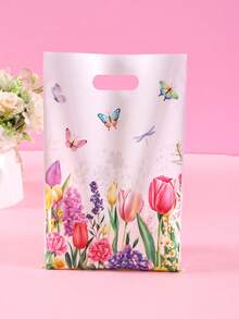 10/20/50pcs Spring Floral Bicycle Gift Bags, Pink Tulip & Butterfly Pattern Party Favor Bags With Handles, Suitable For Birthday, Wedding, Celebration, Spring/Summer Theme Party, Gift Packaging, Small Business Packaging, Retail Shopping Bags - Tulip Bicycle - View 5