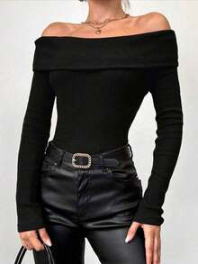 Women's Long Sleeve Off-The-Shoulder Blouse, Sexy Casual Winter Style - 黑色和金色 - 查看 2