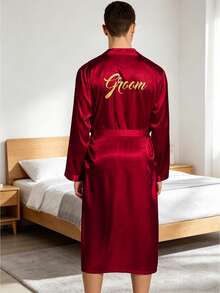 Áo choàng cưới sang trọng dành cho chú rể nam, viền mạ vàng và chữ vàng, áo khoác dài kiểu cardigan, trang phục ngoài thanh lịch, thích hợp cho tiệc cưới, ngày lễ, sinh nhật. - Màu Đỏ Sâu - Xem 1