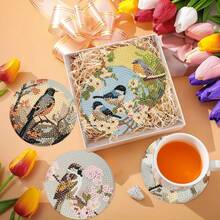 8件套小鸟钻石画杯垫套装，圆形亮面钻石，强力背胶，工具齐全，适合初学者，减压手工，新年、情人节、圣诞节、教师节礼物，家居装饰杯垫，送给家人、朋友、女朋友、老师 - 彩色 - 查看 5