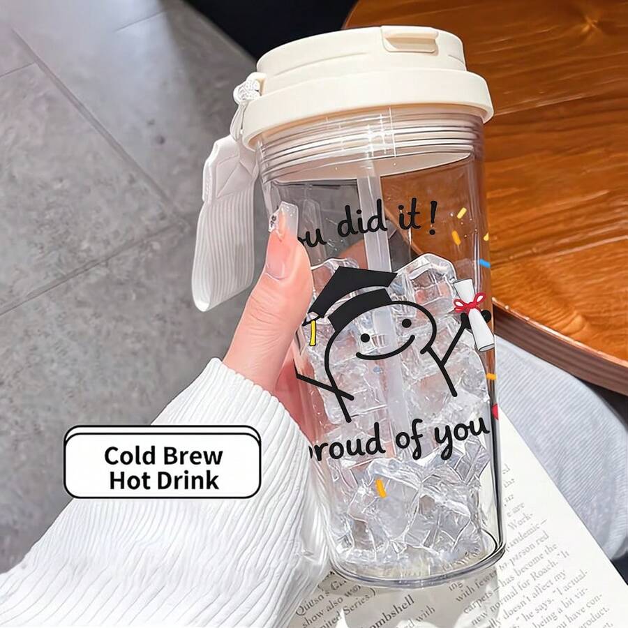 1pc/5pcs 500ml Graduation Cartoon Print Travel Mug - Transparent Coffee Cup, Leak-Proof Portable Water Bottle With Straw And Rope Handle, Lightweight And Durable, Ideal For Travel, Fitness, Office And School - Cute Graduation, Student Gift