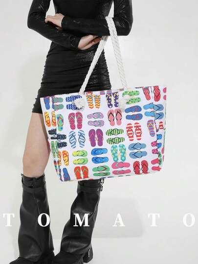 1pc Fashion Women's Shoulder Bag, Large Capacity Beach Tote Bag, Printed Fabric, Zipper Closure, Vacation Bag, Suitable For Daily Use, Ideal For Young Women - Outings, Shopping, Classroom, Dates, Gifts, Office, Work, Travel
