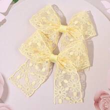 2个黄色蕾丝花朵发夹，纯色蝴蝶结发夹（带长尾），优雅蝴蝶发夹，女士发饰 - 黃色 - 查看 10