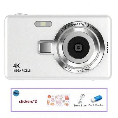 4K 50MP Vlog Camera With 16X Optical Zoom, Image Stabilization, Compact Point-And-Shoot Digital Camera Suitable For Teens, Adults And Beginners, Home Photography, Includes Gift Card Reader (White)