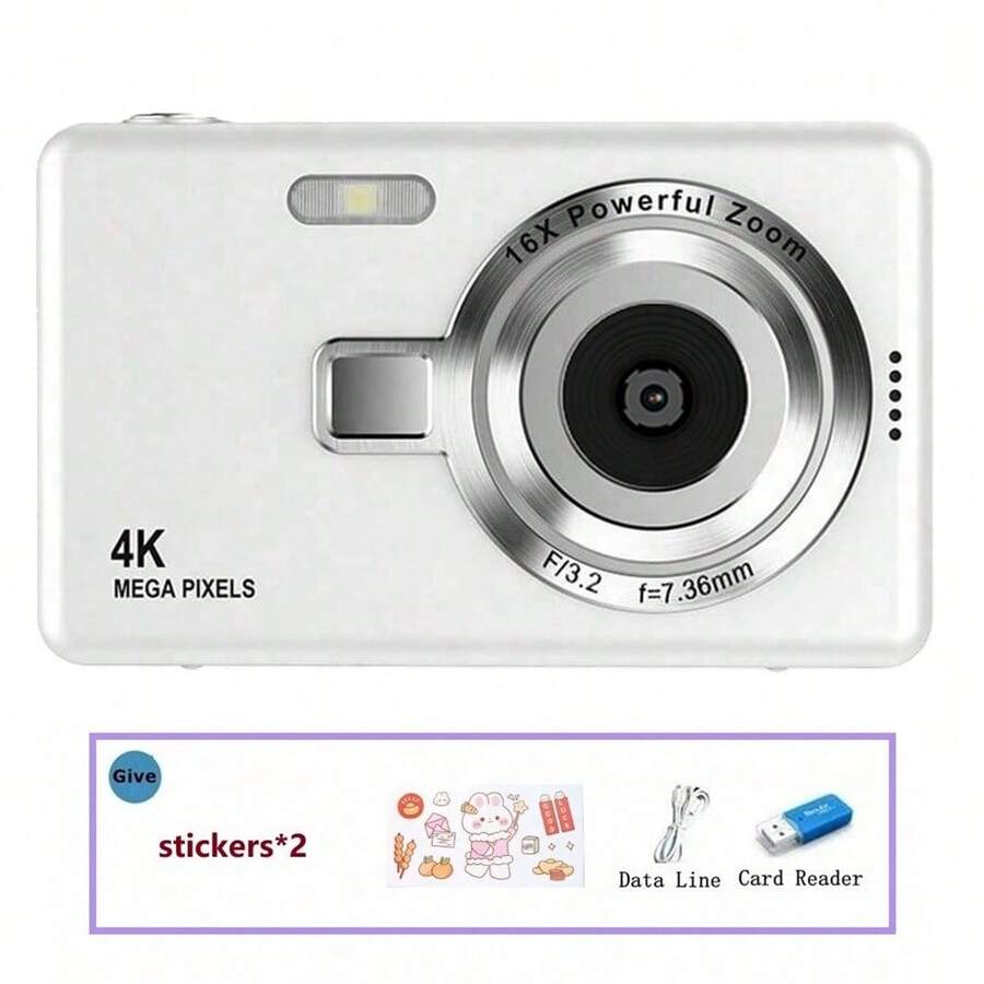 4K 50MP Vlog Camera With 16X Optical Zoom, Image Stabilization, Compact Point-And-Shoot Digital Camera Suitable For Teens, Adults And Beginners, Home Photography, Includes Gift Card Reader (White)