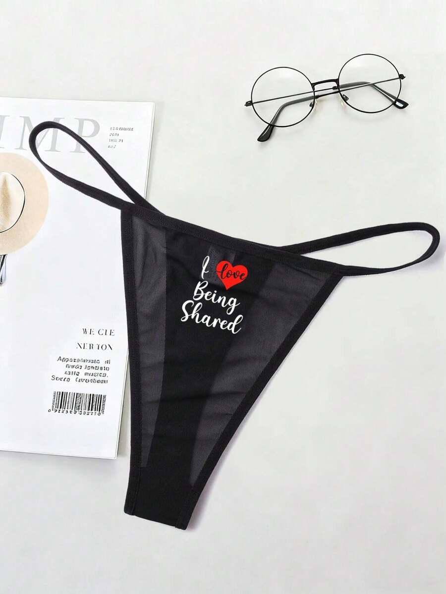 Sheer Mesh Women's Thong Tanga Panties, High Elastic & Snug Fit, "L LOVE BEING SHRAED" Graphic, Breathable Moisture, Wicking, Antibacterial Crotch, Smooth Friction, Reducing Edges, Sexy & Comfortable For Women's Lingerie Gift For Valentine's Day, Anniversaries, Bachelor Parties - 黑色 - 查看 1
