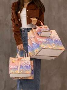 1個創意2D花卉油畫禮品盒、禮品袋、2D圖案禮品紙袋附緞帶、便攜式紙製禮品袋、奶油雲朵與花瓣設計。非常適合婚禮禮物、生日裝飾、婚禮派對贈品、情人節、生日派對、復活節、婚禮、母親節、桌面裝飾和禮品包裝用品 - 漸層色 - 查看 8