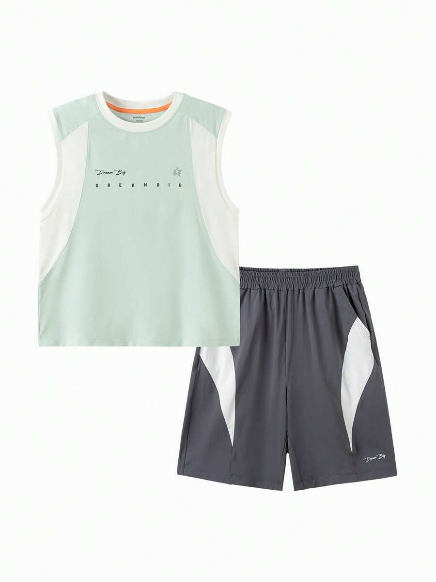 Balabala Ensemble débardeur pour garçons 2 pièces, tenue d'été pour enfants, séchage rapide, refroidissant, décontracté, pour la maison, l'extérieur et le port quotidien, confortable et léger - ton gris verdâtre - Voir 1