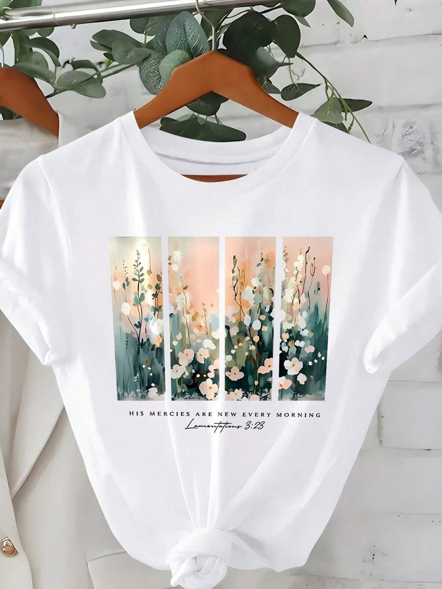 Tricou mărimi mari cu guler rotund și mânecă scurtă, imprimeu floral, din material cu elasticitate ridicată, top casual pentru vacanță, alb - alb - Vizualizare 1