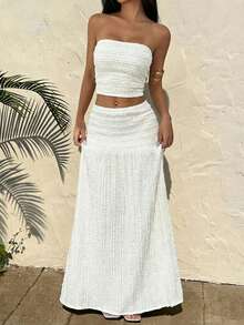 Look Polly Women's Summer White Textured 2-Piece Set, Bandeau Top Paired With Mid-Waist Casual Maxi Skirt, Beach Vacation Style - White - View 8