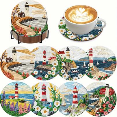 8 pièces Set de sous-verres à peinture de diamant DIY - Plage Haute Tour, Surface de diamant brillante ronde, adhésif solide avec outils complets, facile pour les débutants, artisanat anti-stress, cadeau pour le Nouvel An, la Saint-Valentin, Noël, la Fête des Enseignants, sous-verres de décoration d'intérieur pour la famille, les amis, la petite amie, l'enseignant
