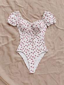 Body estampado floral para mujer, diseño hombros descubiertos con mangas bombachas, cordón frontal y fruncidos en pecho moldeadores, tela elástica suave ideal para primavera y verano - Azul 2 - Ver 11