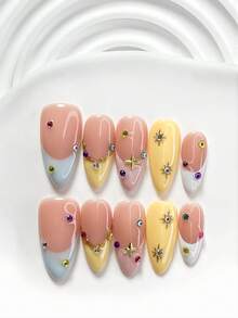 10件/套甜美時尚女孩風手工穿戴甲，Polygel美甲套組，星星彩色水鑽裝飾，黃藍粉配色，清新夏日風，含美甲工具，3種尺寸可選，方型/短方型/杏仁形，適合派對、跳舞、日常配戴 - 彩色 - 查看 17