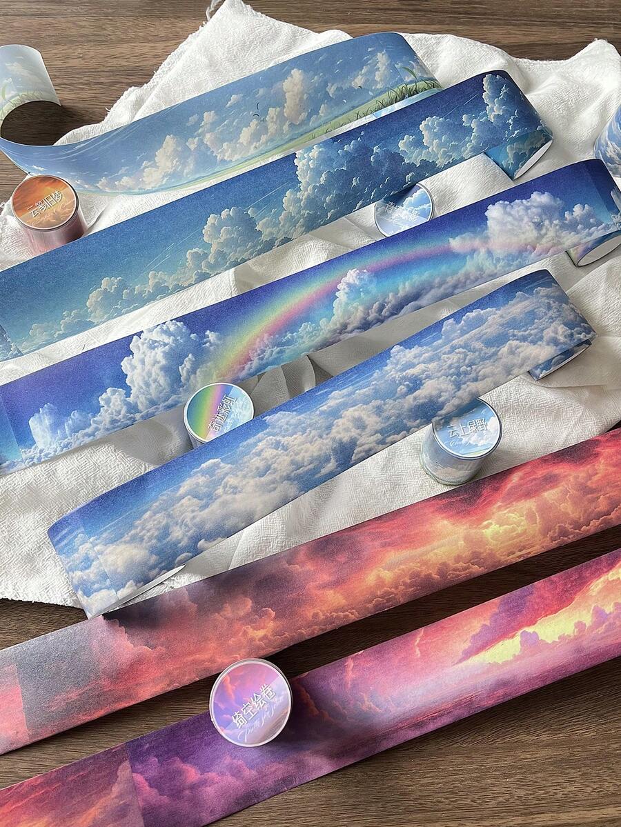 1卷2米云朵天空主题和纸胶带，创意美学贴纸，DIY装饰拼贴工艺用品，节日礼物，个性化剪贴簿学校文具 - 5.綺空繪卷 - 查看 1