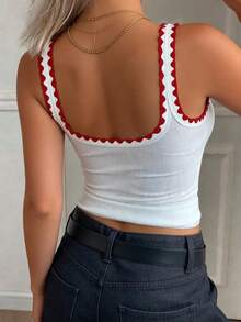 Camiseta de tirantes de punto acanalado para mujer, estilo ajustado con ribete de color contrastante, blanco verano - Blanco - Ver 7