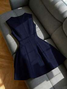 Vestido de mujer sin mangas de cuello redondo, cintura ceñida, línea A, colorblock, casual, minimalista, elegante, romántico - Rosa vieja - Ver 7