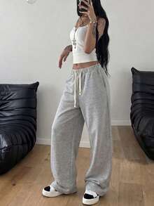 Pantalones de chándal rectos y holgados de punto minimalistas para mujer con bolsillos y cintura con cordón, pantalones largos casuales y cómodos - Gris - Ver 3
