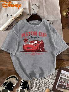 Disney Licensed Women's Summer Pure Cotton Short Sleeve T-Shirt, Cars Lightning McQueen Vintage Elegant Women's 100% Pure Cotton Short Sleeve T-Shirt, Vintage Fashion Distressed T-Shirt, Disney-Themed Street Style 2026 Spring/Summer Popular Vintage Fashion Distressed Crew Neck T-Shirt, Suitable For Daily Outings, Theme Park Events, And Gatherings - Xám - Xem 2