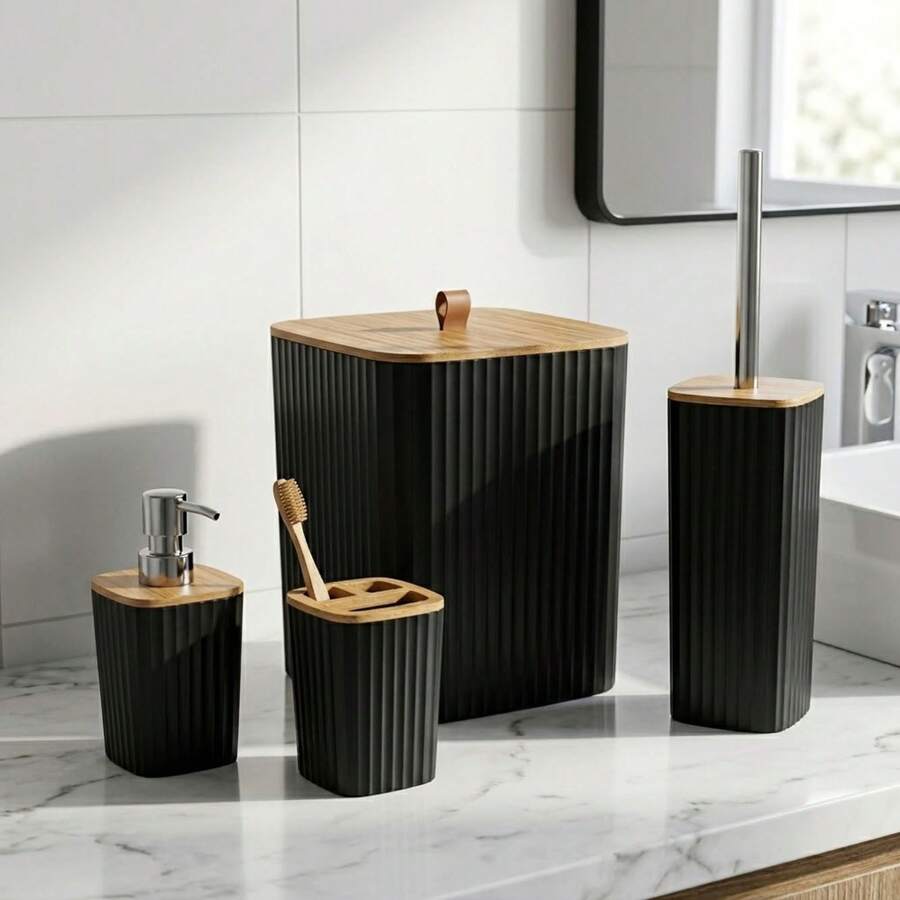 4-Piece Bathroom Set Kit, Bamboo Details - Trash Can, Toothbrush Holder, Liquid Soap Holder And Santinaria Brush. - 圓形的 - 查看 1
