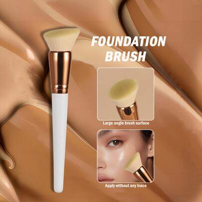 Large Bevel Foundation Make-Up Brush, Compact, Soft And Fluffy Makeup Brush, Suitable For Liquid Foundation And Foundation Make-Up Paste Application On The Face, Highlight Mixing, Concealer And Outline Of The Face, Solid Wood Handle, Portable Makeup Tools, Suitable For Family, Travel And Beginners