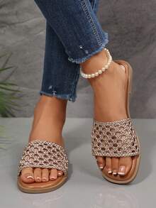 Slippers Shoes For Women Hollowed-Out Flats Woven Mesh Slide Sandals Round Toe Casual Summer Footwear Outdoor Indoor - màu nâu - Xem 9