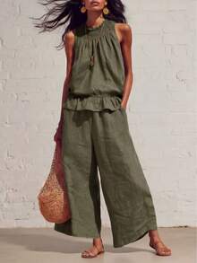 2026 Womens Multi-Color Linen-Blend 2-Piece Set Smocked Neckline Sleeveless Top & Wide Leg Pants Vacation Co-Ord - Sky Blue - View 7