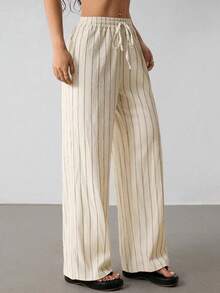2026 Womens Multi-Color Striped Drawstring Waist Wide Leg Pants Casual Summer Trousers - Màu be - Xem 1