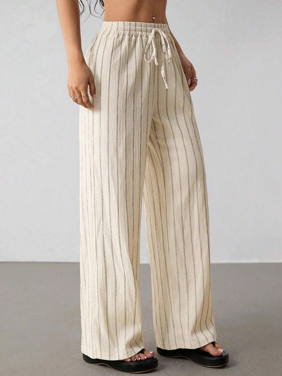 2026 Womens Multi-Color Striped Drawstring Waist Wide Leg Pants Casual Summer Trousers - Màu be - Xem 1