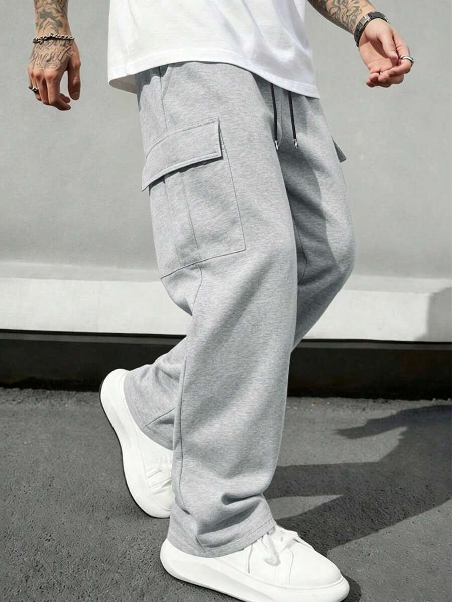 男士純色工裝直筒運動長褲,寬鬆休閒運動長褲,適合戶外通勤,父親節禮物 - 淺灰色 - 查看 1