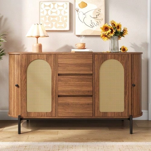 Oval Rattan Side Cabinet With Sliding Door, Drawers And Dividers, Adjustable Compartment, Wood-Look Finish, Metal Cabinet Legs, Multifunctional Storage Unit - 卡其色 - 查看 1